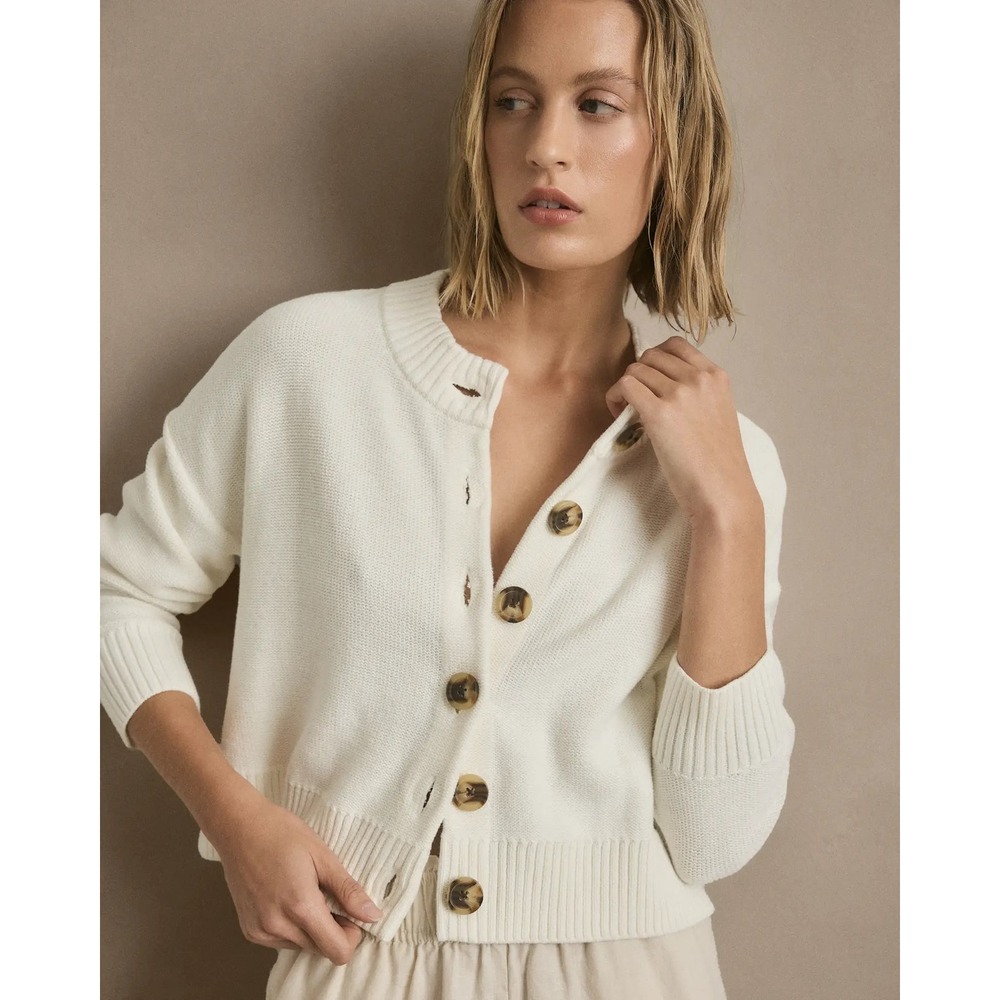 Quince Cream White 100% Organic Cotton Cropped Cardigan Sweater XS